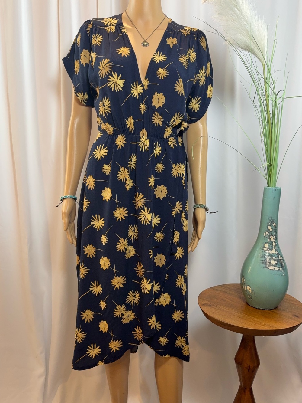 Urban Outfitters “Alto” Wrap Dress — Navy & Gold Floral Midi, Size Small